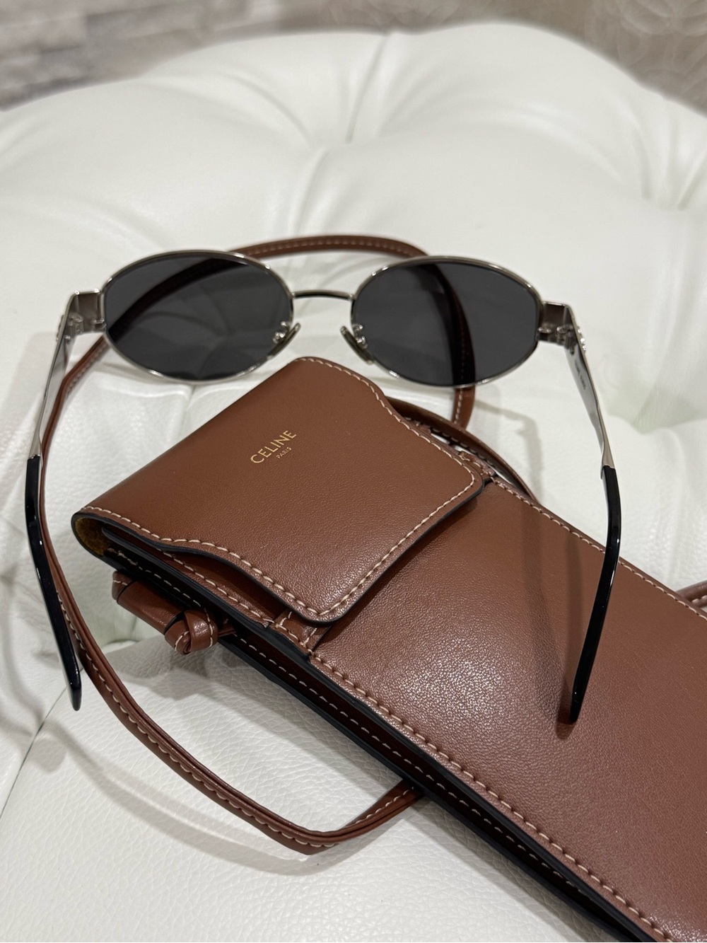 Celine Sunglasses with Tan Leather Strap Phone Pouch with Contrast Stitching